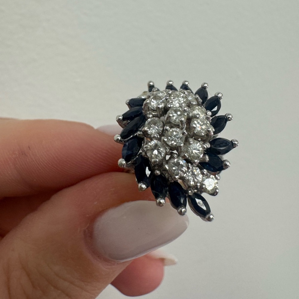 14K white gold with diamonds and sapphires size 7 1/4 ring 8.5g